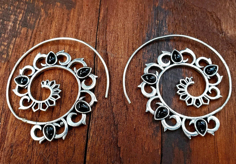 Black Onyx Mandala Spiral Threader Earrings