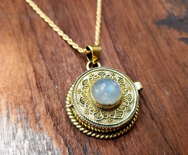 Bohemian Gold Moonstone Locket Necklace