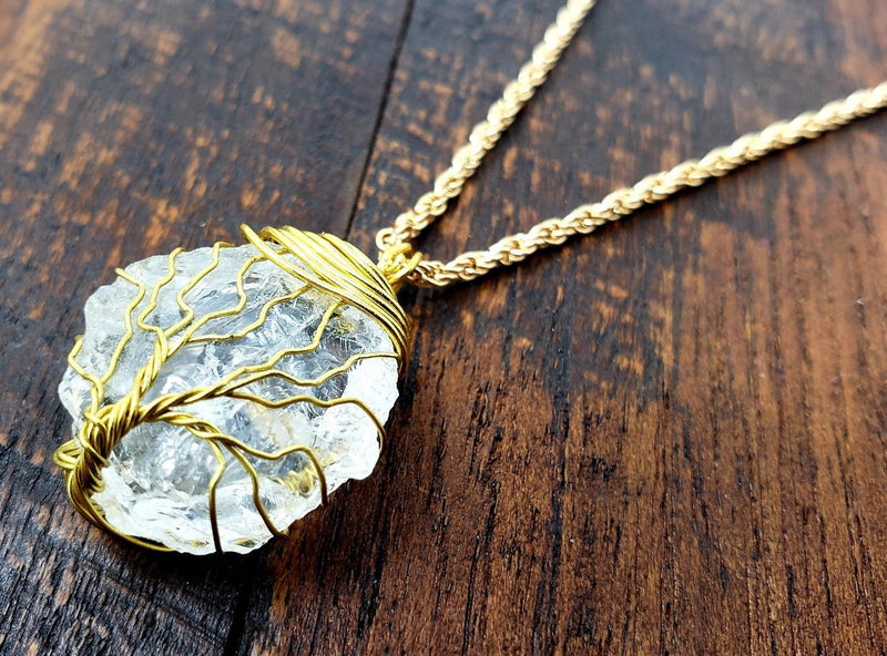 Gold Clear Quartz Tree of Life Necklace